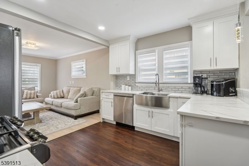 Interior, Kitchen, Living room, Recessed Lighting, Stainless Steel Appliances, Wood Texture Flooring