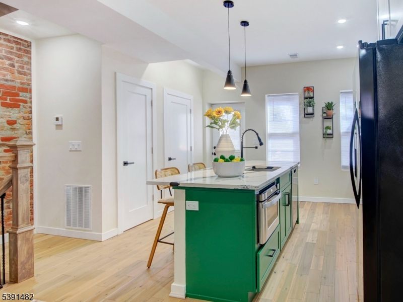 Interior, Kitchen, Pendant Lights, Recessed Lighting, Stone Walls, Wood Texture Flooring
