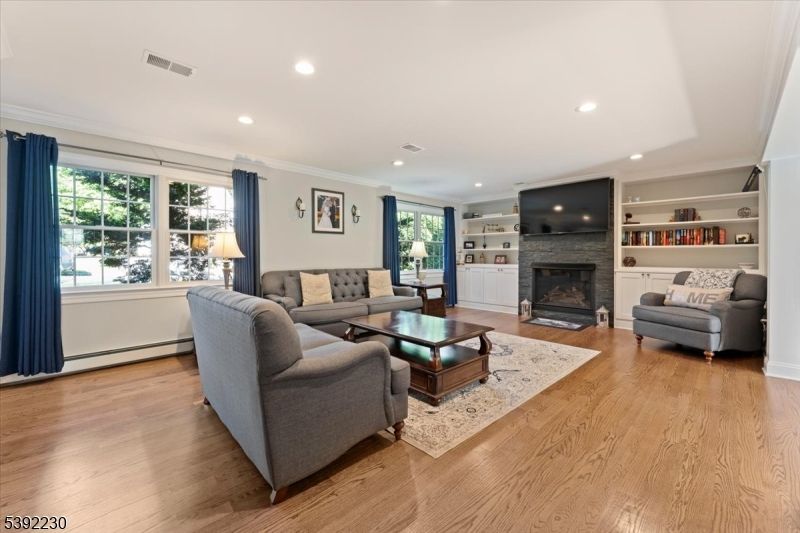 Fireplace, Interior, Living room, Recessed Lighting, Wood Texture Flooring