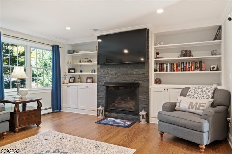 Fireplace, Interior, Recessed Lighting, Wood Texture Flooring