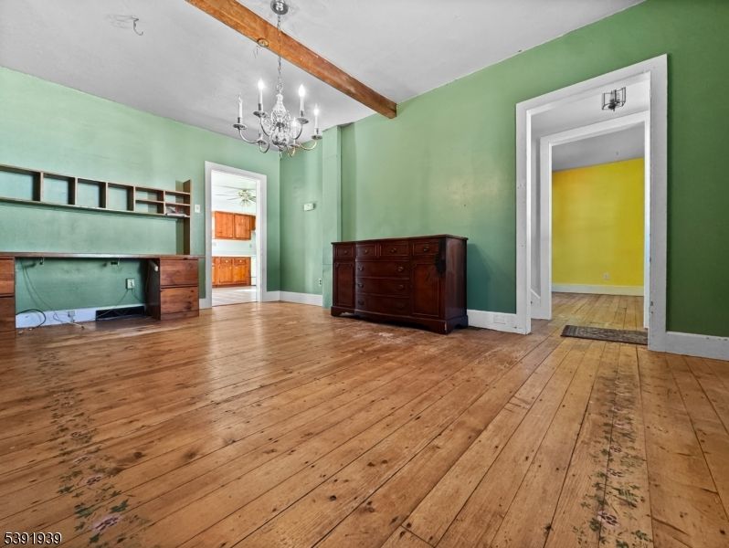 Chandelier, Empty room, Interior, Wooden Beams, Wood Texture Flooring