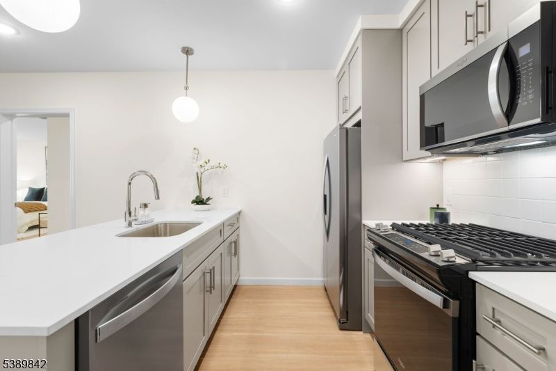 Interior, Kitchen, Pendant Lights, Recessed Lighting, Stainless Steel Appliances, Wood Texture Flooring