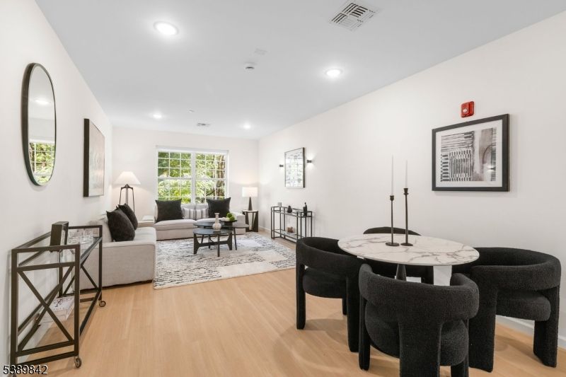 Dining room, Interior, Living room, Recessed Lighting, Wood Texture Flooring