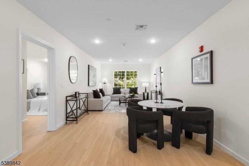 Bedroom, Dining room, Interior, Living room, Recessed Lighting, Wood Texture Flooring