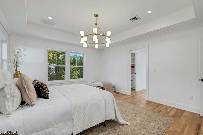 Bedroom, Chandelier, Interior, Recessed Lighting, Wood Texture Flooring