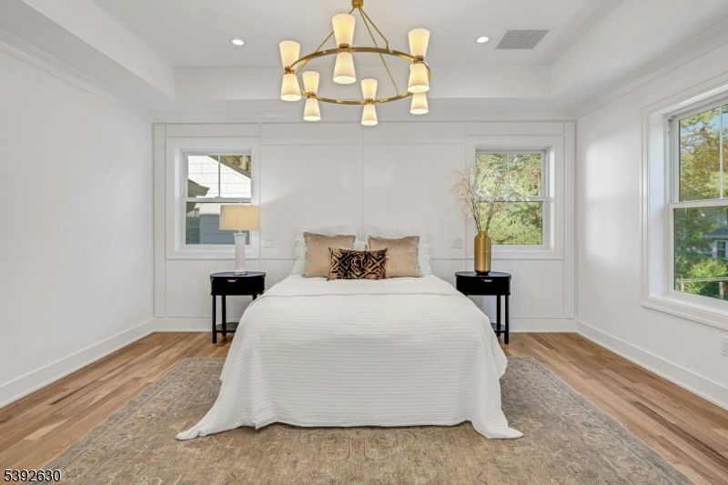 Bedroom, Interior, Pendant Lights, Recessed Lighting, Wood Texture Flooring
