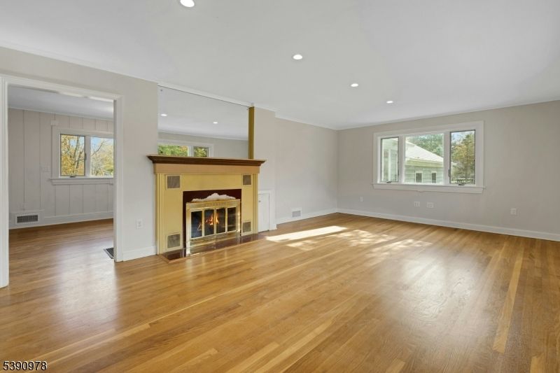 Empty room, Fireplace, Interior, Recessed Lighting, Wood Texture Flooring