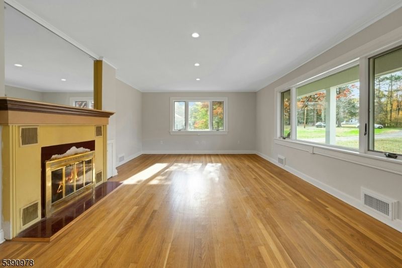 Empty room, Fireplace, Interior, Recessed Lighting, Wood Texture Flooring