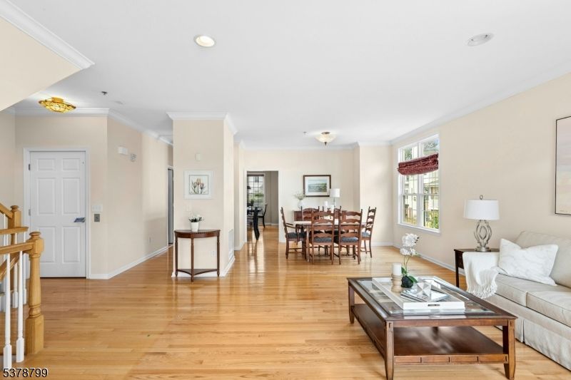 Dining room, Interior, Living room, Recessed Lighting, Wood Texture Flooring