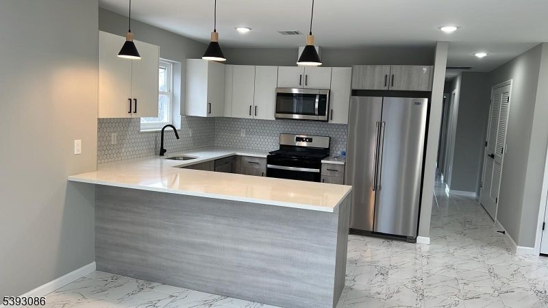 Interior, Kitchen, Marble, Pendant Lights, Recessed Lighting, Stainless Steel Appliances