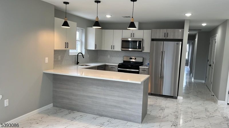 Interior, Kitchen, Marble, Pendant Lights, Recessed Lighting, Stainless Steel Appliances