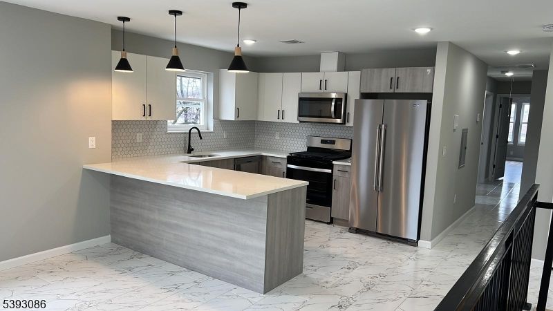 Interior, Kitchen, Marble, Pendant Lights, Recessed Lighting, Stainless Steel Appliances