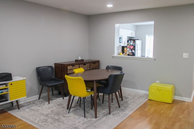 Dining room, Interior, Recessed Lighting, Wood Texture Flooring
