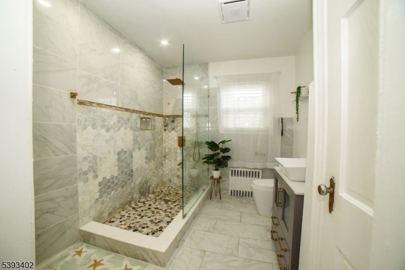 Bathroom, Glass Shower, Interior, Marble, Marble Walls, Recessed Lighting