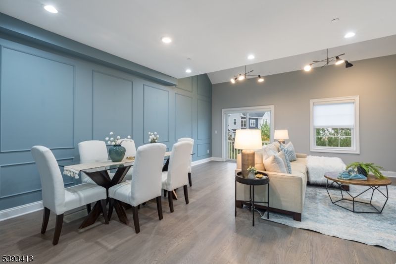 Dining room, Interior, Living room, Recessed Lighting, Wood Texture Flooring