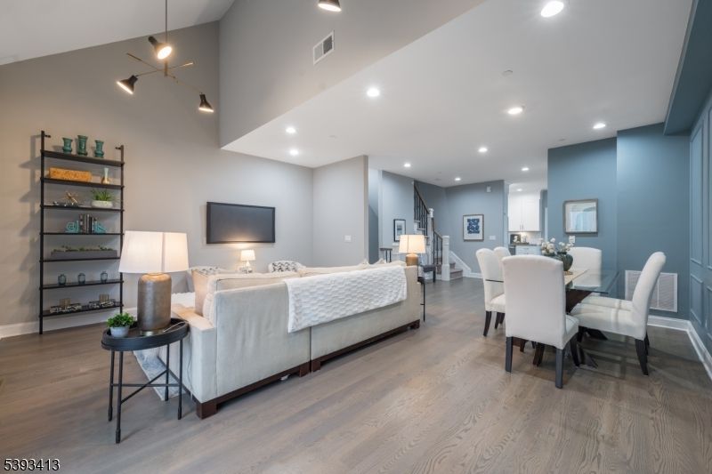 Bedroom, Dining room, Interior, Living room, Pendant Lights, Recessed Lighting, Wood Texture Flooring