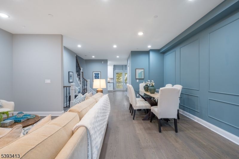 Dining room, Interior, Living room, Recessed Lighting, Wood Texture Flooring