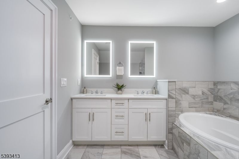 Bathroom, Dual Sink Vanities, Interior, Marble, Recessed Lighting