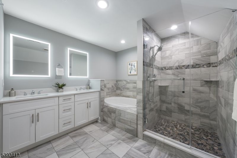 Bathroom, Dual Sink Vanities, Glass Shower, Interior, Marble, Recessed Lighting