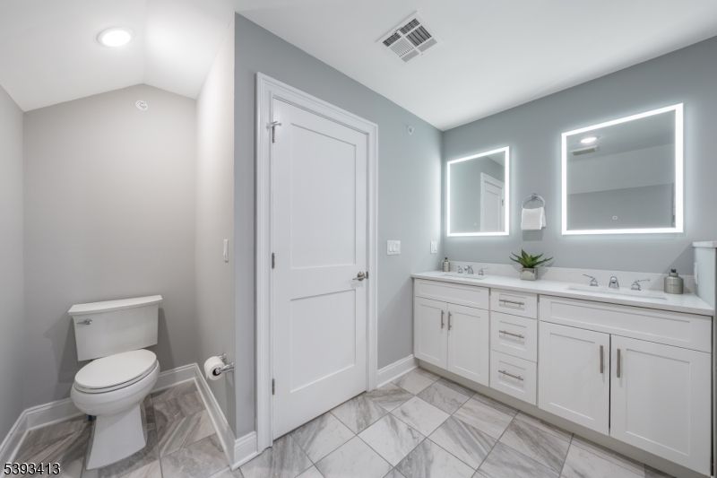 Bathroom, Dual Sink Vanities, Interior, Marble, Recessed Lighting