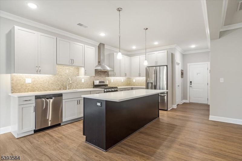 Interior, Kitchen, Pendant Lights, Recessed Lighting, Stainless Steel Appliances, Wood Texture Flooring