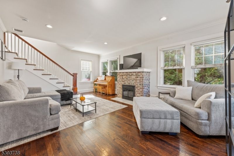 Fireplace, Interior, Living room, Recessed Lighting, Wood Texture Flooring