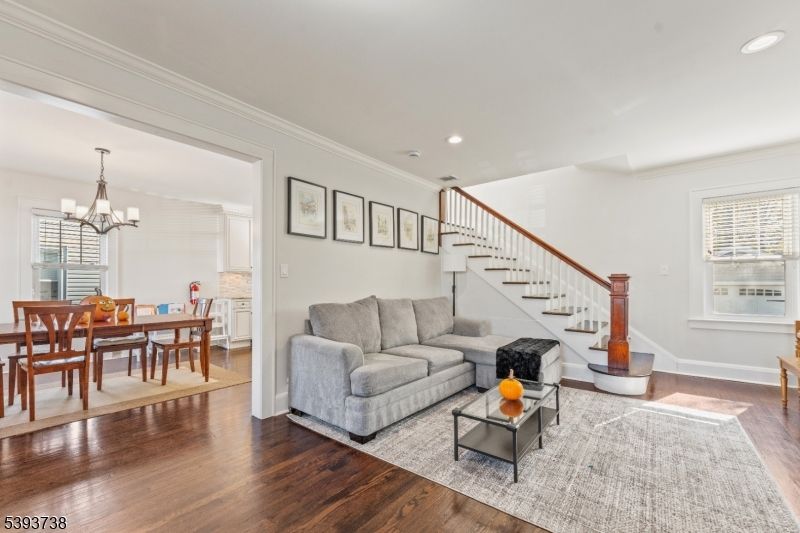 Chandelier, Dining room, Interior, Living room, Recessed Lighting, Wood Texture Flooring