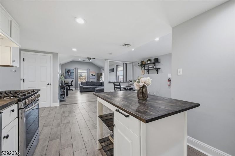 Dining room, Interior, Kitchen, Living room, Recessed Lighting, Wood Texture Flooring