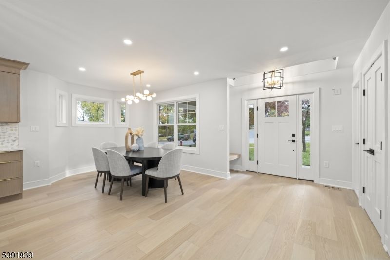 Dining room, Interior, Pendant Lights, Recessed Lighting, Wood Texture Flooring