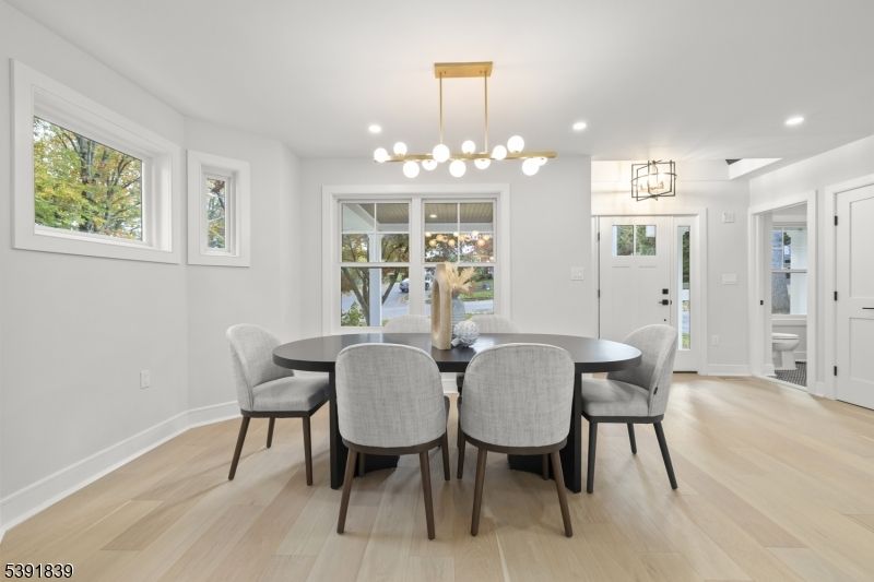 Dining room, Interior, Pendant Lights, Recessed Lighting, Wood Texture Flooring