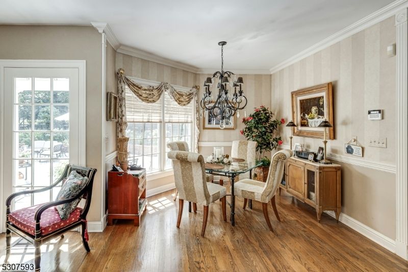Chandelier, Dining room, Interior, Wood Texture Flooring