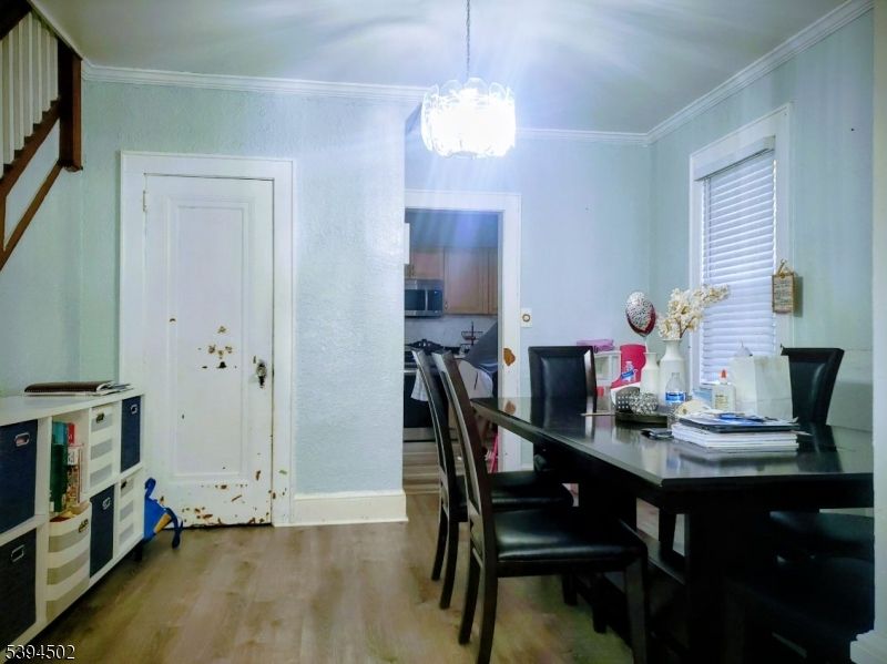 Dining room, Interior, Pendant Lights, Wood Texture Flooring
