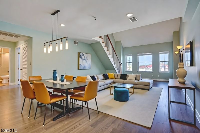 Dining room, Interior, Living room, Pendant Lights, Recessed Lighting, Wood Texture Flooring