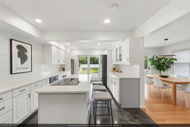 Dining room, Interior, Kitchen, Pendant Lights, Recessed Lighting, Wood Texture Flooring