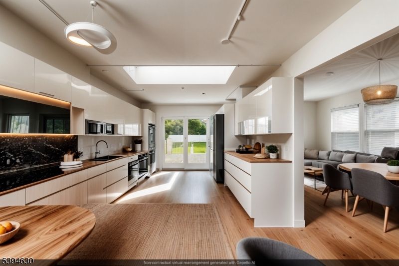 Dining room, Interior, Kitchen, Living room, Pendant Lights, Recessed Lighting, Stainless Steel Appliances, Wood Texture Flooring