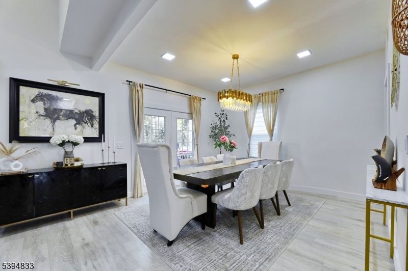 Chandelier, Dining room, Interior, Recessed Lighting, Wood Texture Flooring