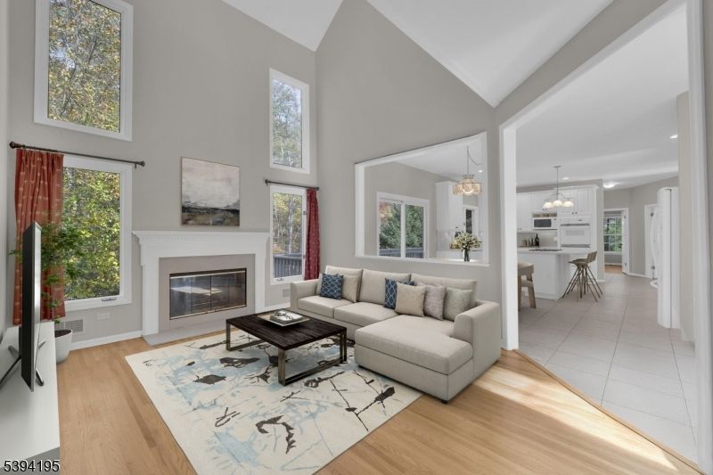 Dining room, Fireplace, Interior, Kitchen, Living room, Pendant Lights, Recessed Lighting, Wood Texture Flooring