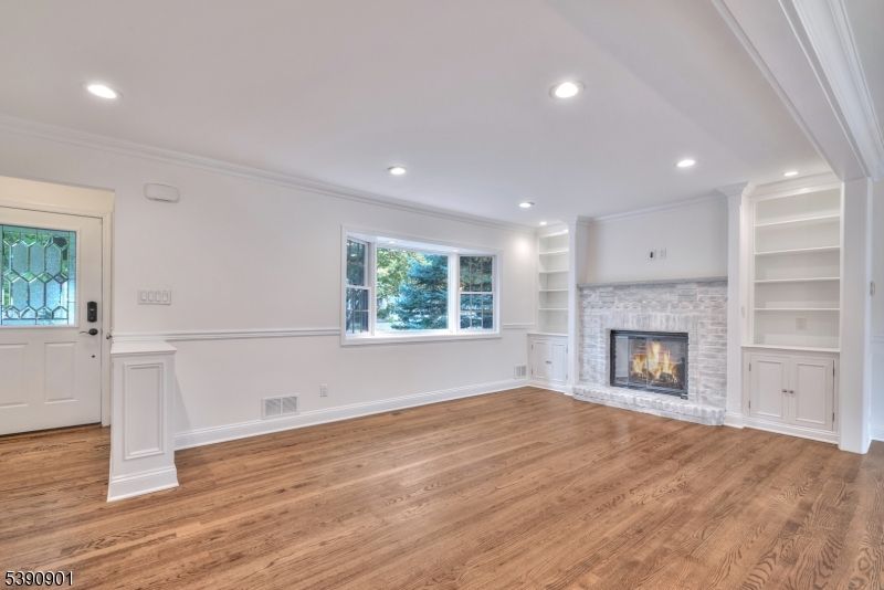 Empty room, Fireplace, Interior, Recessed Lighting, Wood Texture Flooring
