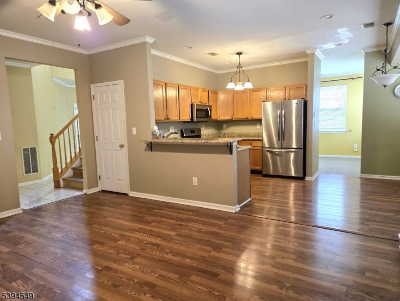 Interior, Kitchen, Pendant Lights, Recessed Lighting, Stainless Steel Appliances, Wood Texture Flooring