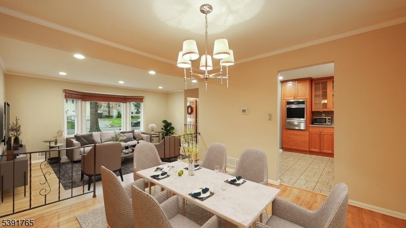 Chandelier, Dining room, Interior, Kitchen, Living room, Recessed Lighting, Wood Texture Flooring