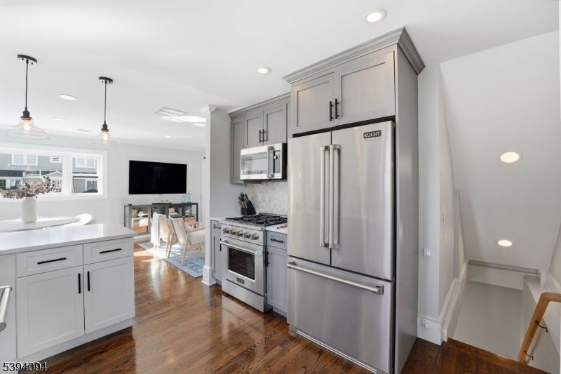 Interior, Kitchen, Pendant Lights, Recessed Lighting, Stainless Steel Appliances, Wood Texture Flooring