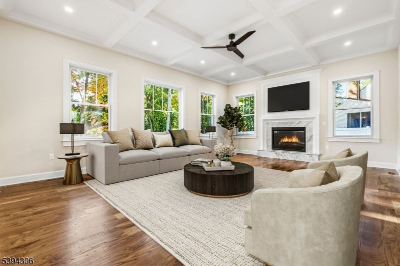 Fireplace, Interior, Living room, Recessed Lighting, Wood Texture Flooring