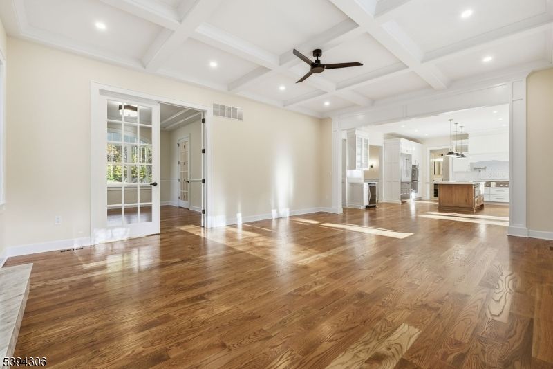 Empty room, Interior, Kitchen, Pendant Lights, Recessed Lighting, Wood Texture Flooring