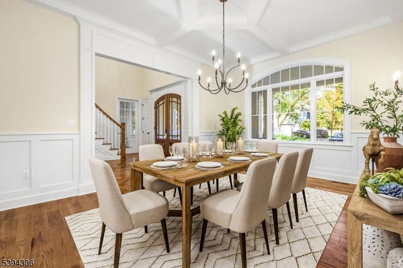 Chandelier, Dining room, Interior, Wood Texture Flooring