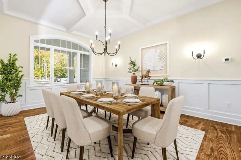 Chandelier, Dining room, Interior, Wood Texture Flooring