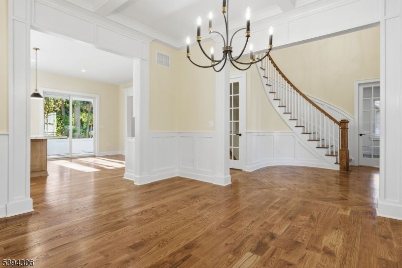 Chandelier, Empty room, Interior, Pendant Lights, Recessed Lighting, Wood Texture Flooring