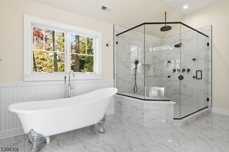 Bathroom, Free Standing Baths, Glass Shower, Interior, Marble, Marble Walls, Recessed Lighting