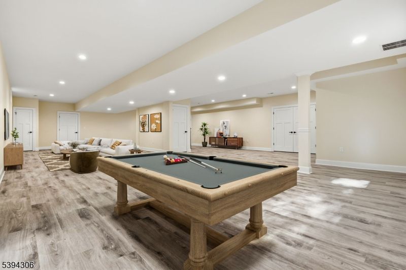 Billiard Table, Game Room, Interior, Recessed Lighting, Wood Texture Flooring