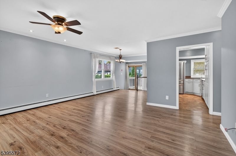 Chandelier, Empty room, Interior, Recessed Lighting, Wood Texture Flooring