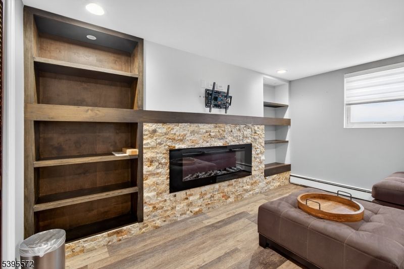 Fireplace, Interior, Recessed Lighting, Wood Texture Flooring